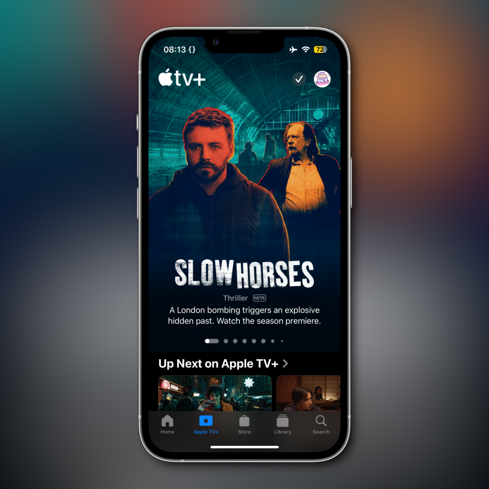 A smartphone screen displaying the Apple TV+ app. The screen shows a promotional image for the thriller series &ldquo;Slow Horses&rdquo;.