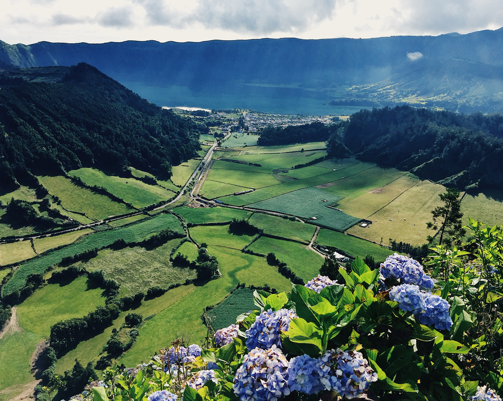 A scenic view from a high vantage point showcasing a picturesque valley with lush green fields, a winding road, a distant village, and forested mountains. Blue hydrangeas are prominently featured in the foreground. The sky is partly cloudy with rays of sunlight.