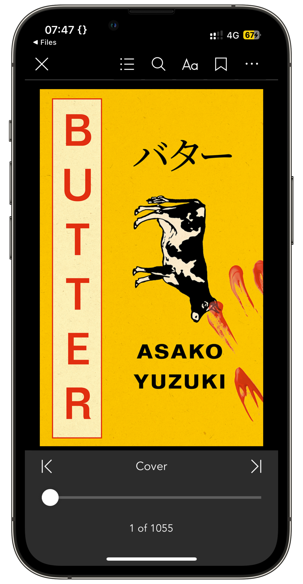 A smartphone screen displays the cover of a book titled “Butter” by Asako Yuzuki. The cover features a yellow background, a cow illustration, and red paint smears. The title “Butter” is written vertically in English on the left.
