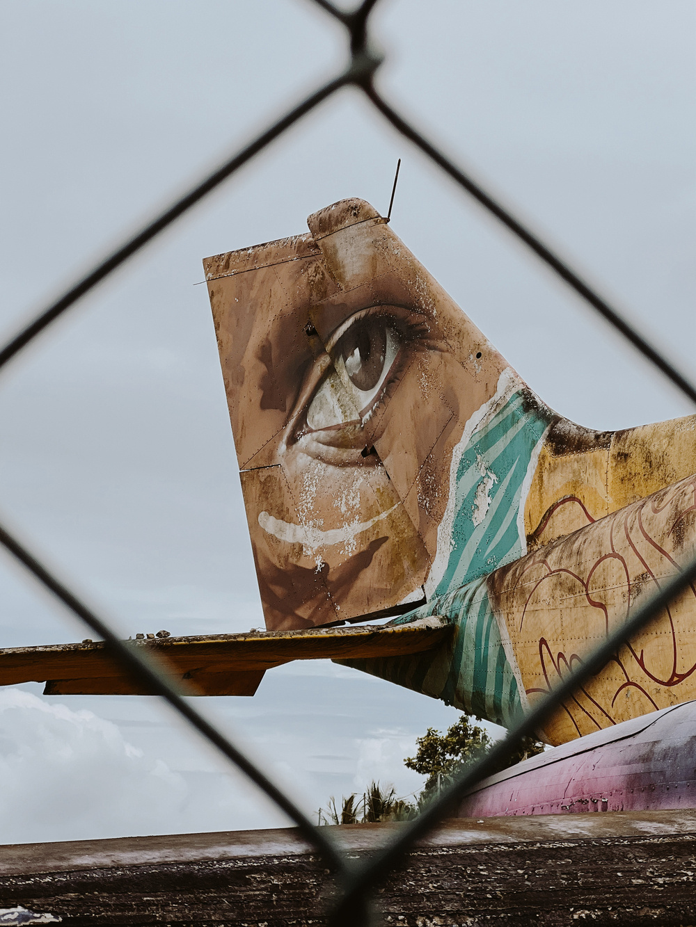 A photograph depicting a piece of graffiti art on the tail of an old, rusty airplane. The graffiti features a realistic human eye. The image is taken through a chain-link fence, creating a crisscross pattern in the foreground.