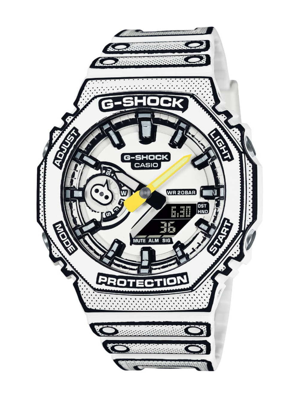 A Casio G-Shock wristwatch with a white and black color scheme, digital and analog display, and yellow watch hands.