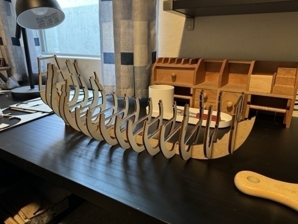 Start of building the Flying Dutchman model ship. Just keel and bulkheads showing. 