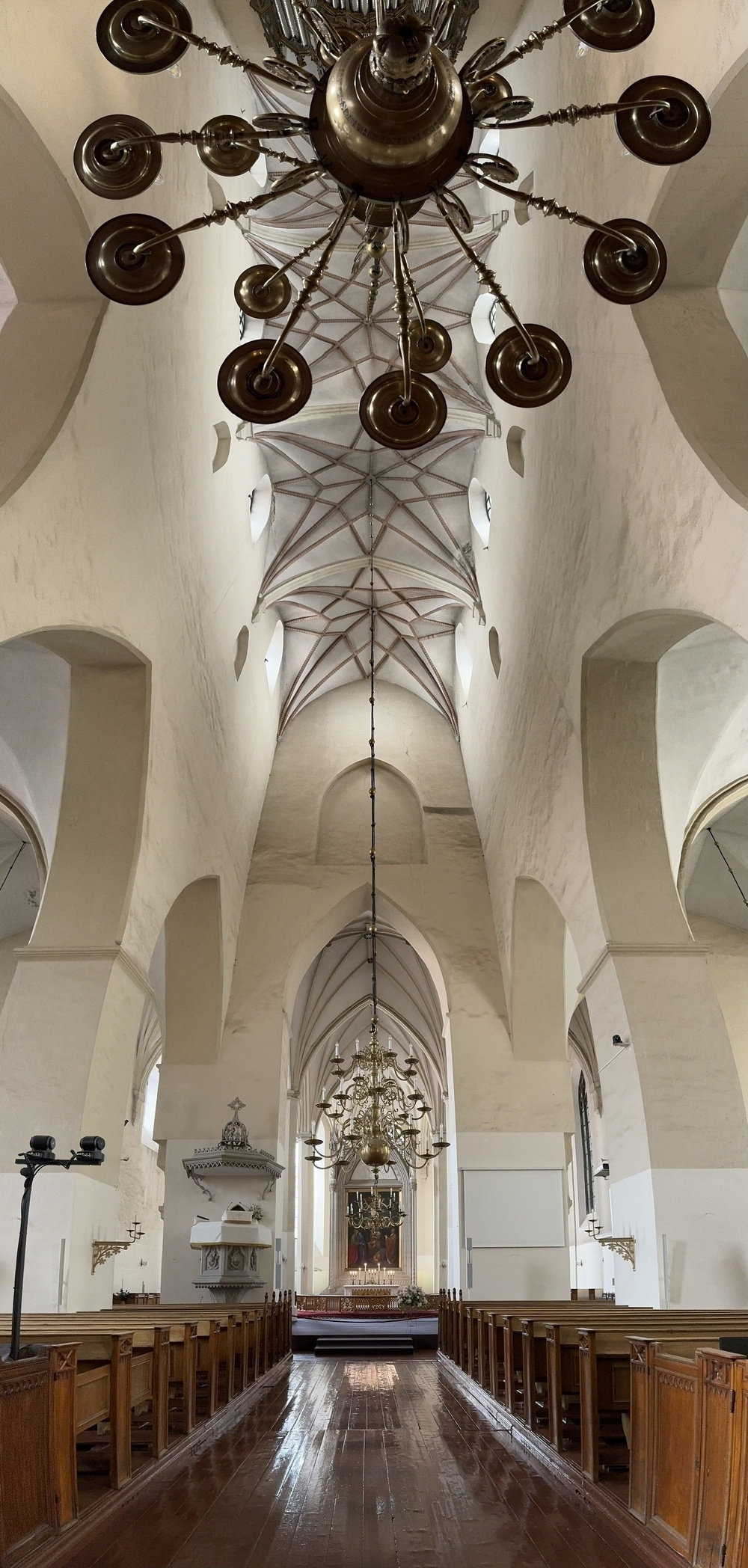 Vertical panorama of the interior of St Olav’s church in Tallinn.