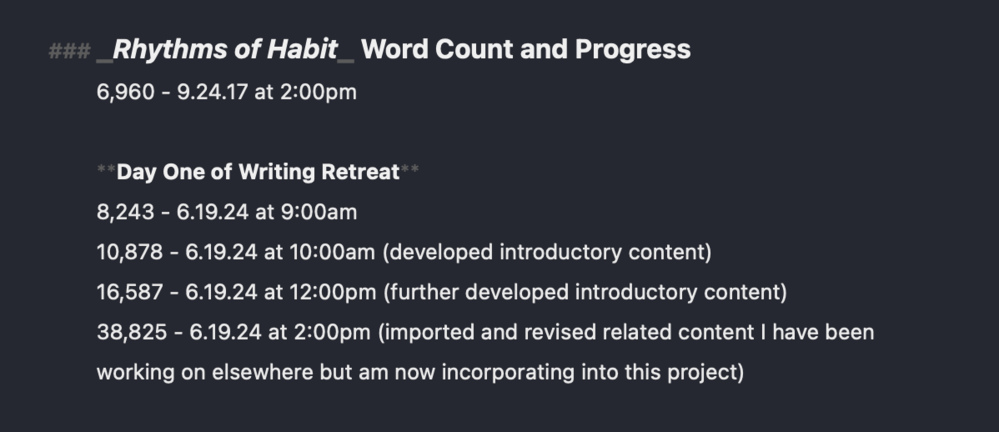 Overview of word-count progress on the first day of my writing retreat.