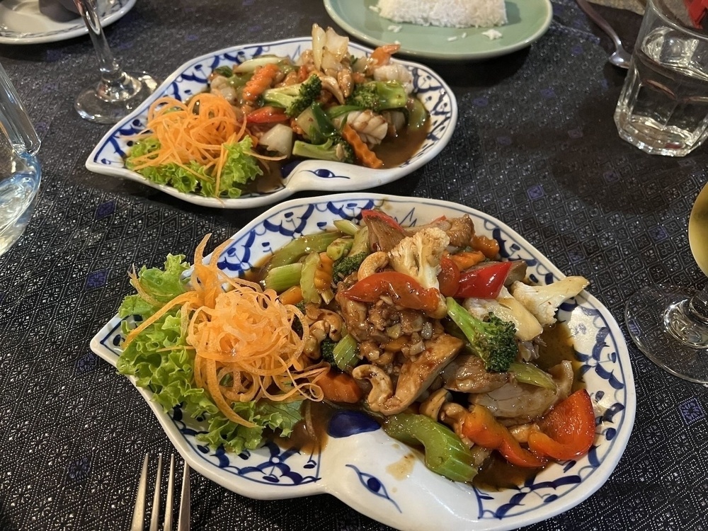 Two plates of beautifully presented Thai food. 