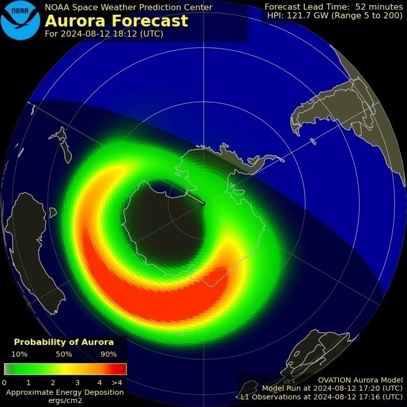 Aurora forecast southern hemisphere shows activity south of New Zealand.