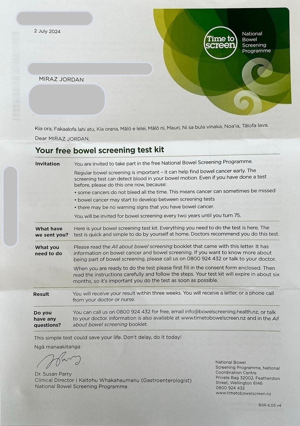 Letter about the free Bowel Screening Programme.