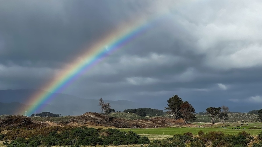 About one third of a rainbow against dark sky. 