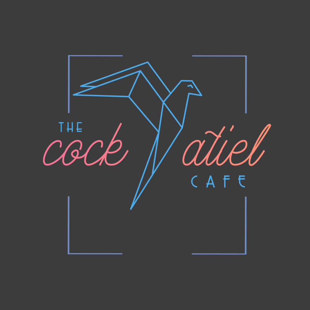 An art deco inspired logo featuring a line drawing of a bird in flight in blue, and the name ‘the cockatiel cafe’ written along in cursive writing in red