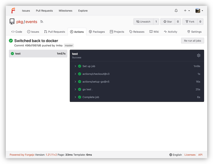 Sreenshot of a successful Forgejo Runner result page, indicating that a project was checked out and tested with Go.