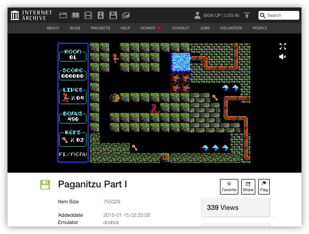 A screenshot of the Wayback Machine, showing the first level of Panganitzu Pt. 1 running in DosBox running in a browser