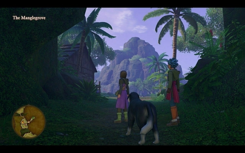 Screenshot from Dragon Quest XI depicting two cartoon characters and a dog looking out between cliff faces at a wooden cabin to the left and an sprawling moutain scene beyond