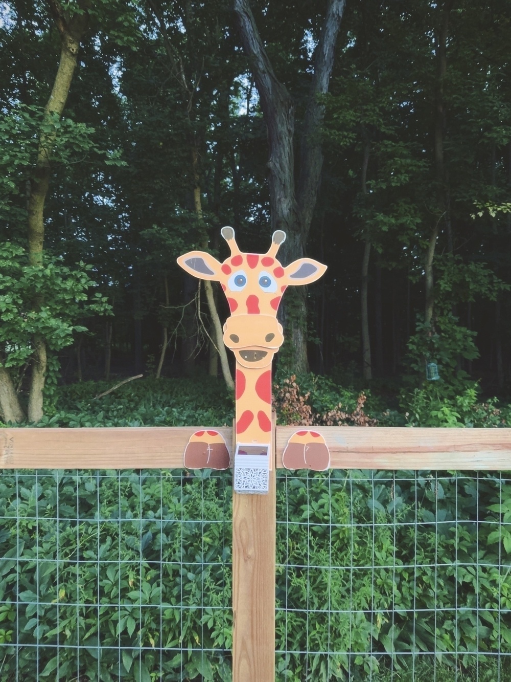 giraffe decoration attached to a chicken-cage fence in front of a dark wooden background