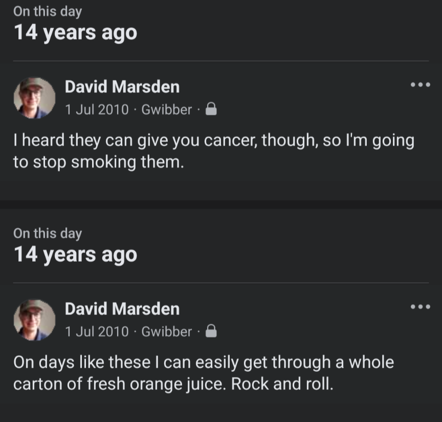 Screenshot of Facebook memories from fourteen years ago: "On days like these I can easily get through a whole carton of fresh orange juice. Rock and roll. I heard they can give you cancer, though, so I'm going to stop smoking them."