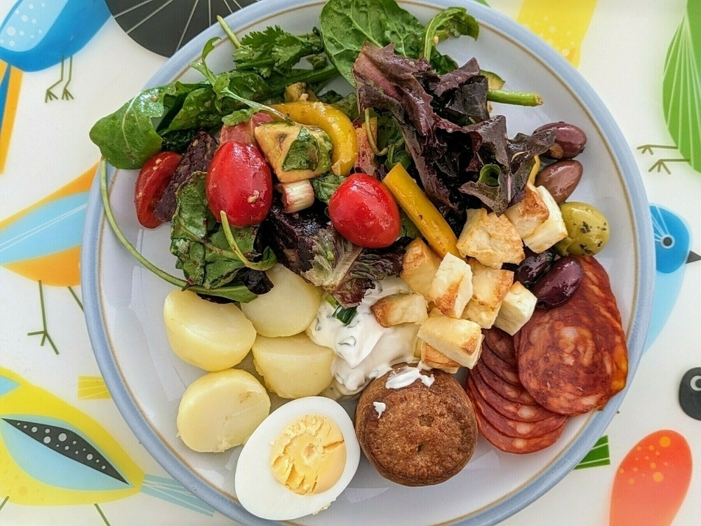 Artfully arranged salad platter minus any cooked testicles 