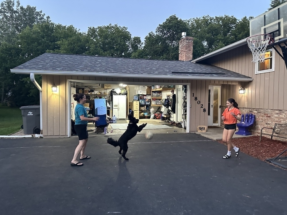 Two people watch a black dog jump while playing in front of an open garage filled with various items.