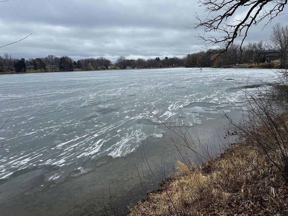 A frozen lake with streaks and patches of snow extends to a treelined shore under a cloudy sky.