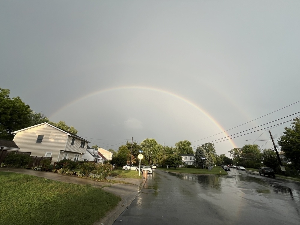 A full rainbow arches over a wet suburban street lined with houses, reflecting on the road after rain, beneath a cloudy sky.