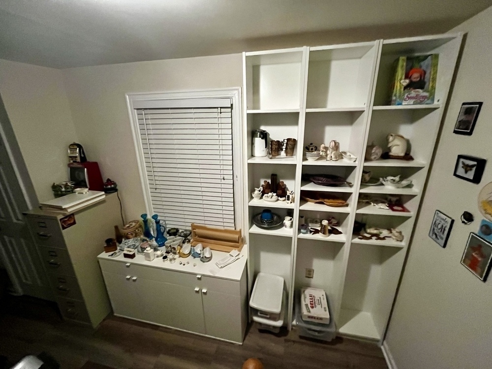 A cluttered room corner with a filled white shelving unit, objects on a windowsill, artwork on walls, and a filing cabinet to the left.