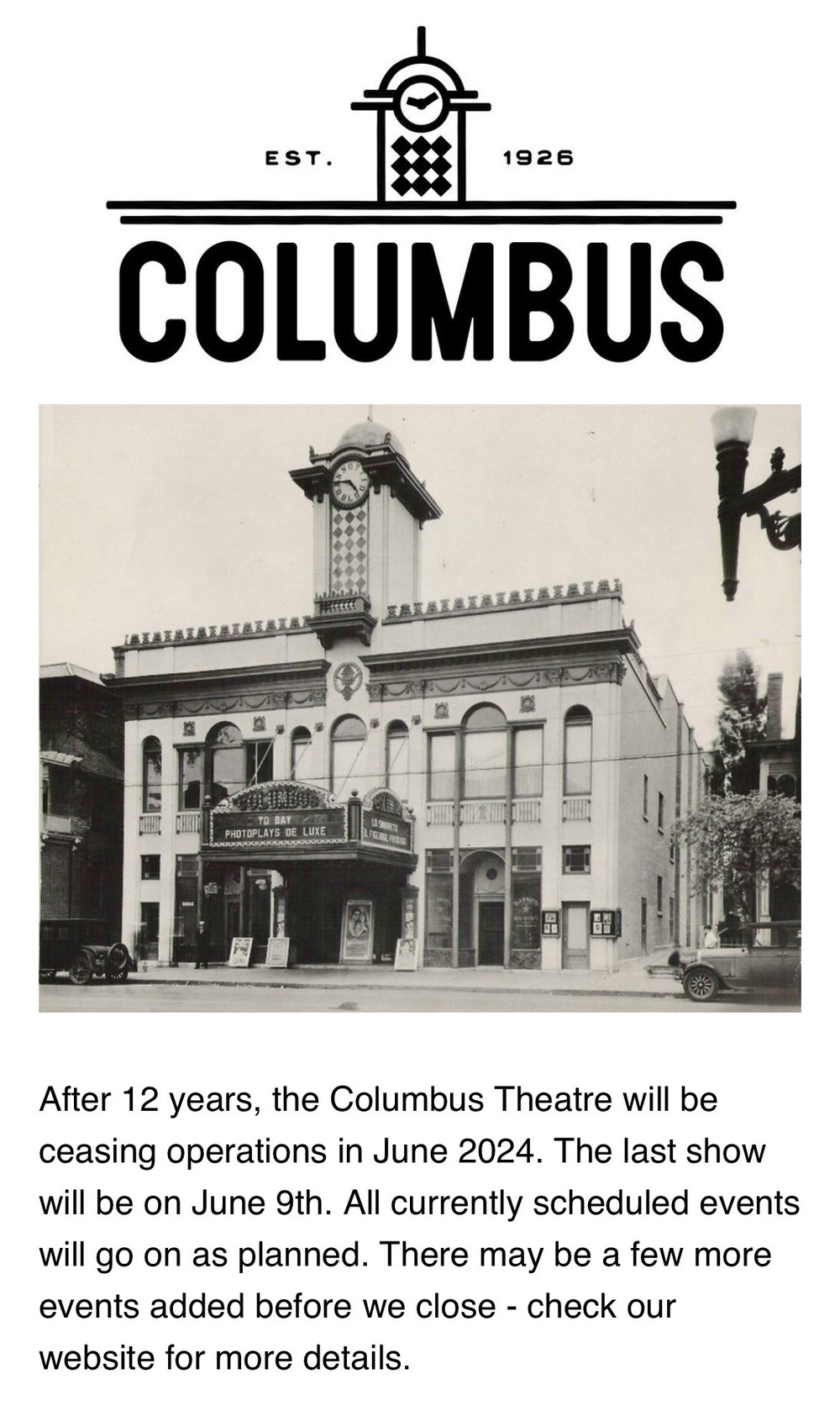 The top of an email newsletter from the Columbus Theatre. The masthead is followed by a black and white photo of the building, followed by the announcement text. 