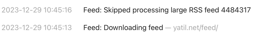 Micro.blog log message: Downloading feed (from yatil.net) – Skipping processing large feed