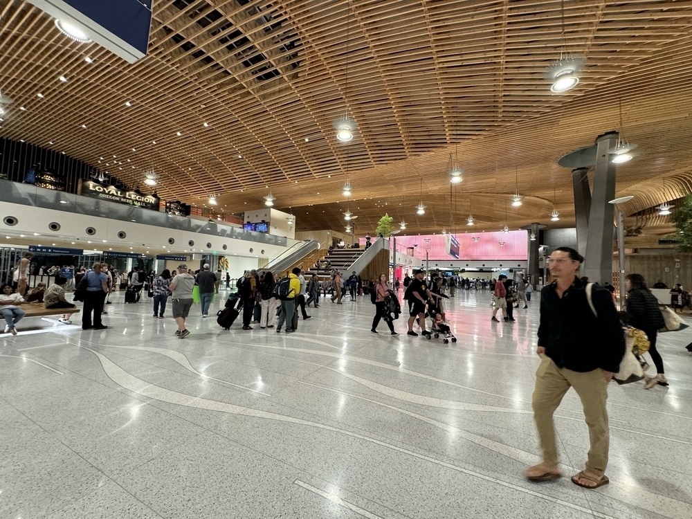 Arrivals hall with wooden ceiling and terrazzo floors. 