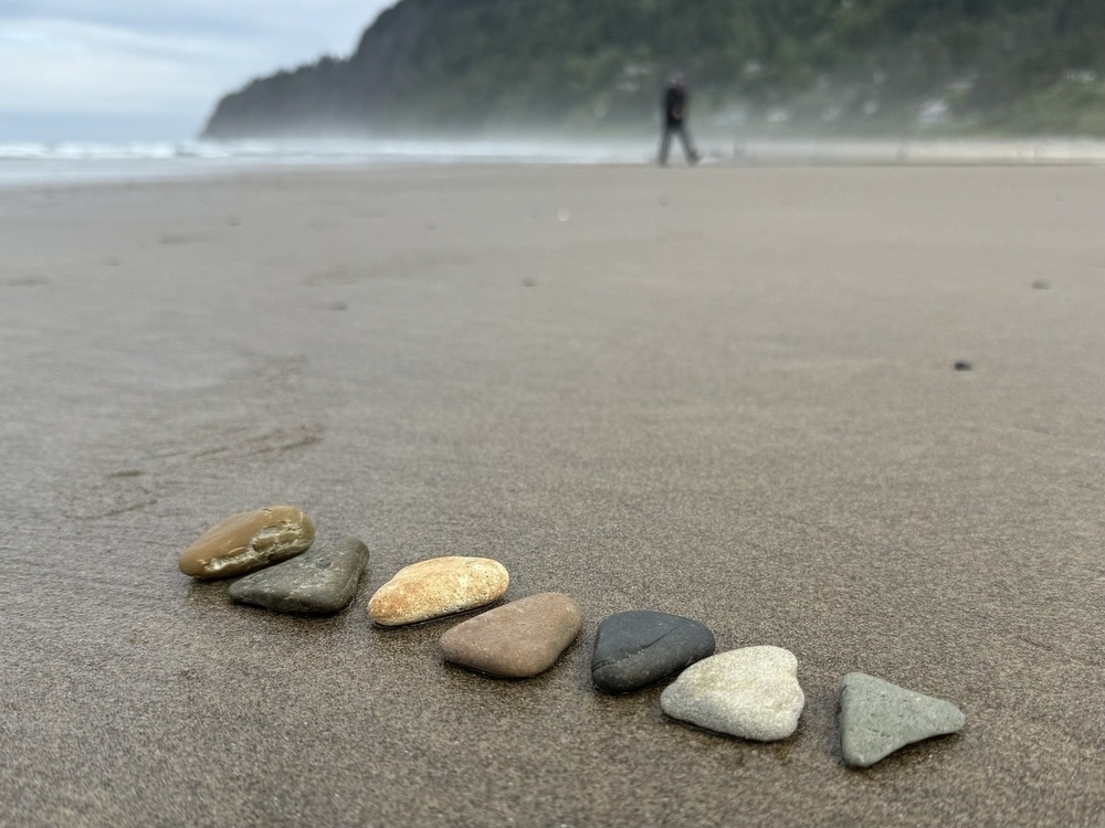 Triangle shaped rocks on the sand, ocean, mountain, pedestrian in background. 