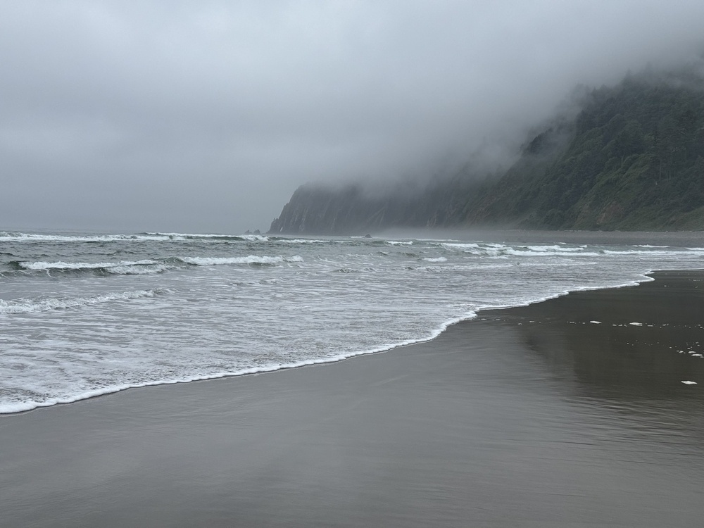 Cloud covered mountain surrounded by waves at low tide. 