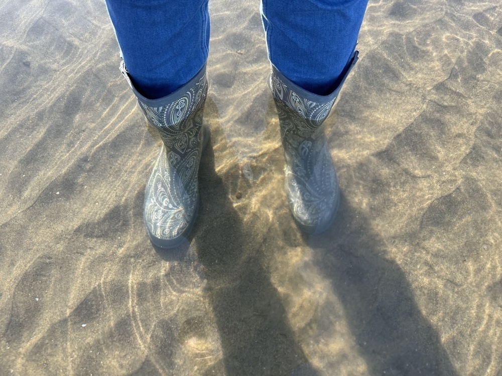 Two boots standing in a seawater trough.