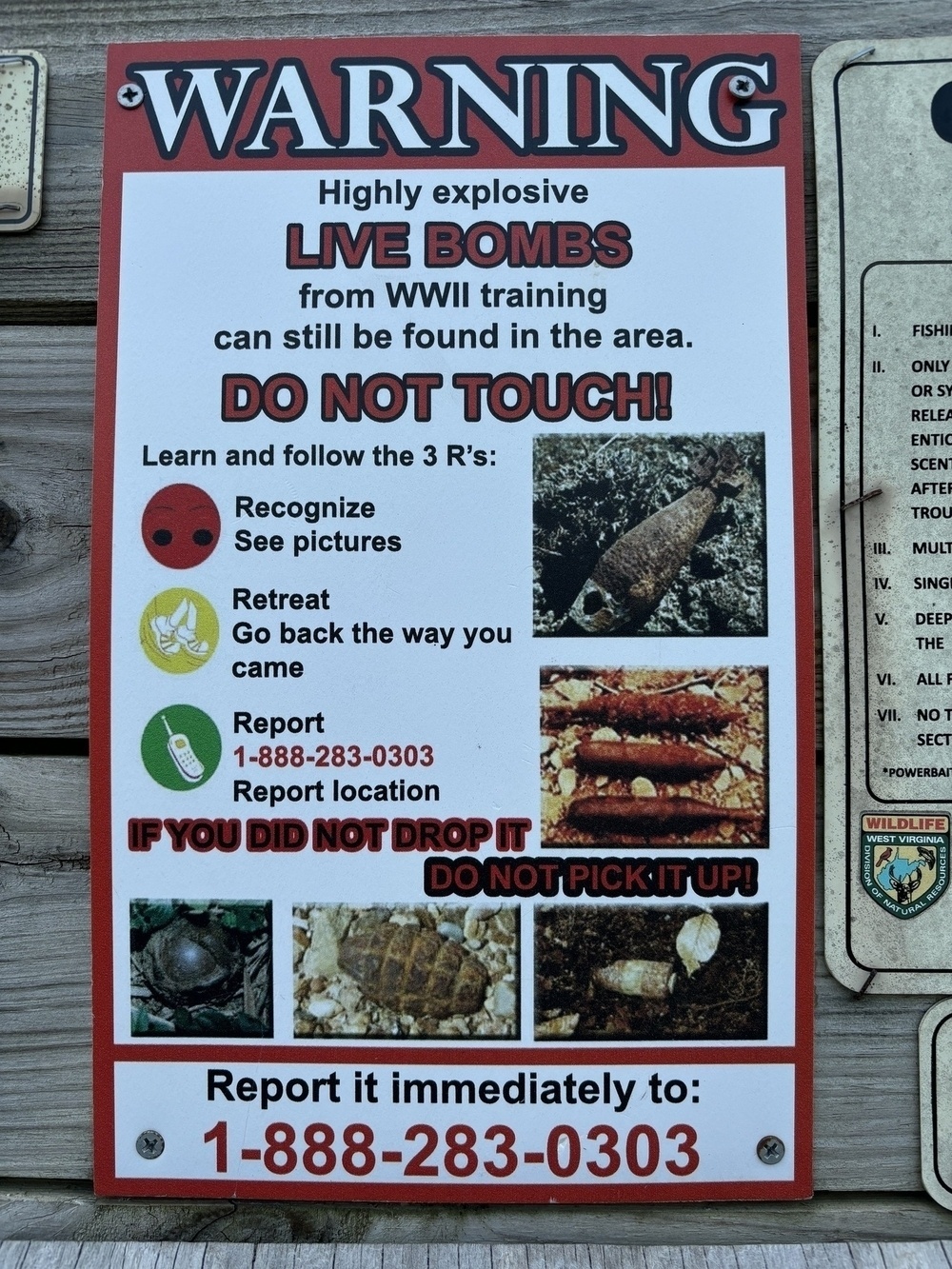 warning of unexploded ordnance in area”></p>

<p><em>Warning sign, Dolly Sods wilderness area</em></p>
