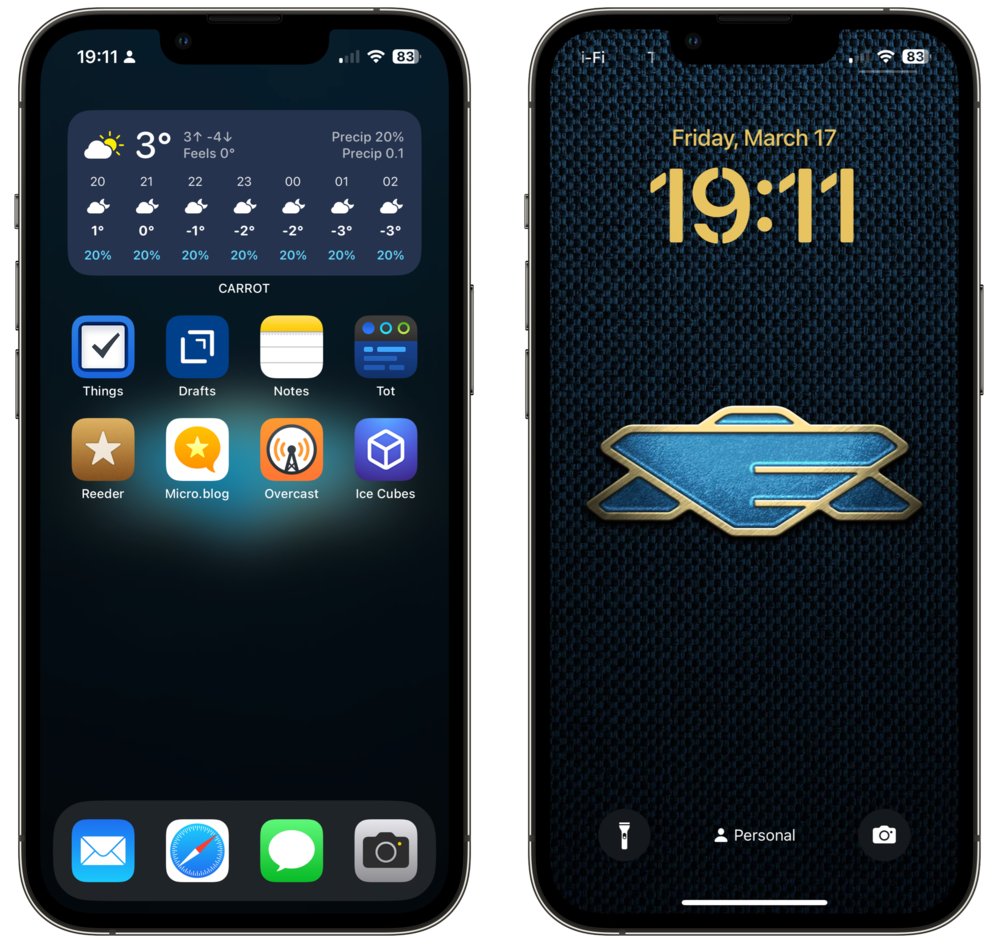 iPhone home and lock screen setup. Lock screen has an Earth Alliance wallpaper from the Babylon 5 sci-fi series. No widgets, and gold coloured digital clock font. Home Screen has a CARROT Weather widget at the top, two rows of icons, and a blurred version of the same wallpaper.