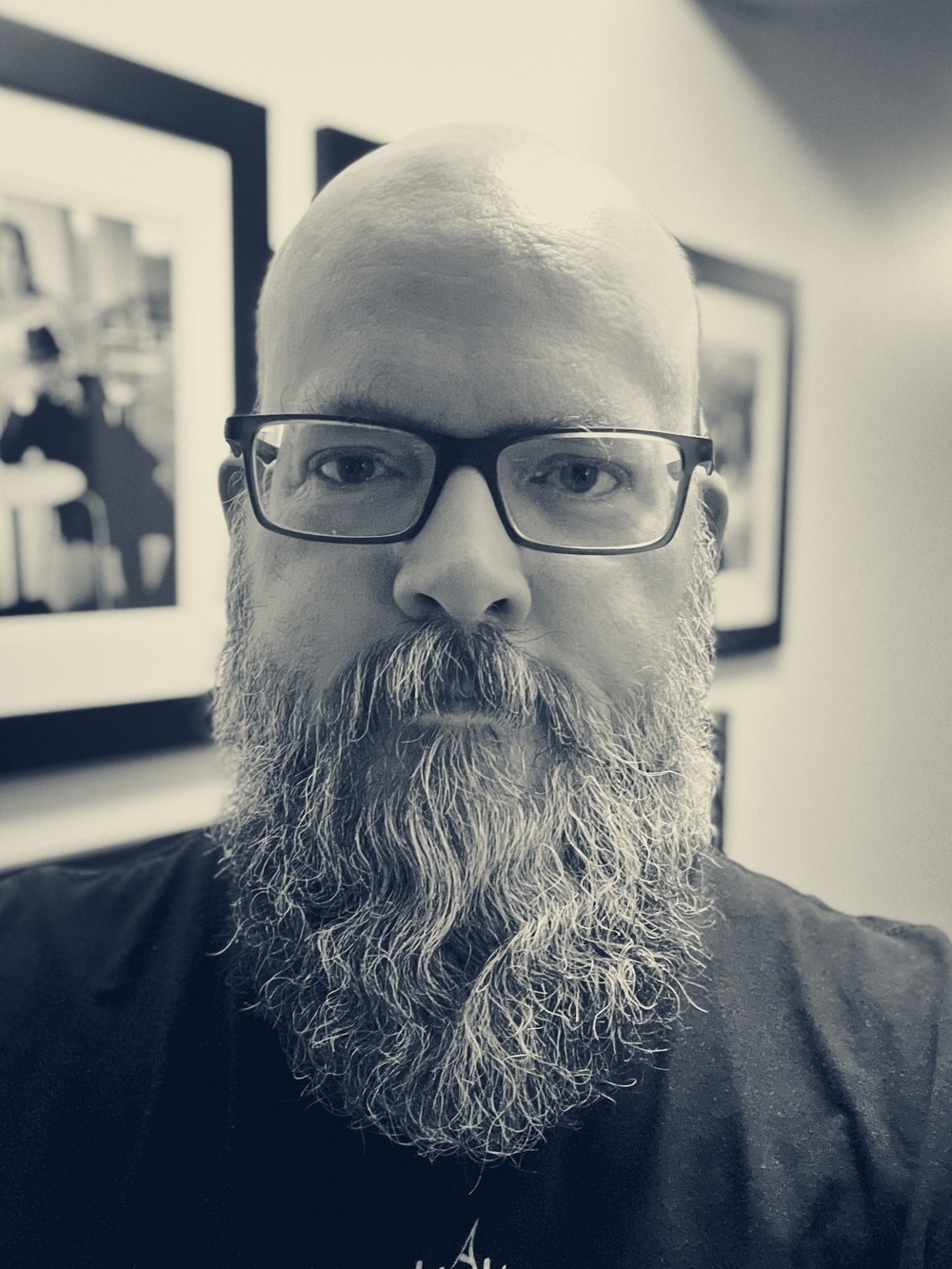 Selfie of me with my long ducktail-style beard. Thankfully my bed beard was finally coaxed out of existence after copious amounts of brushing, hoping, and blood sweat and tears. Wearing my specs and shaved head.