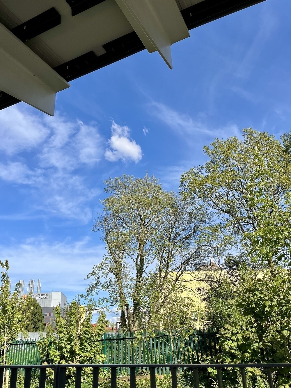 Campus building (including a golden tiled one) seen from the train station, with trees and shrubs in the foreground, bordering a metal fence. 