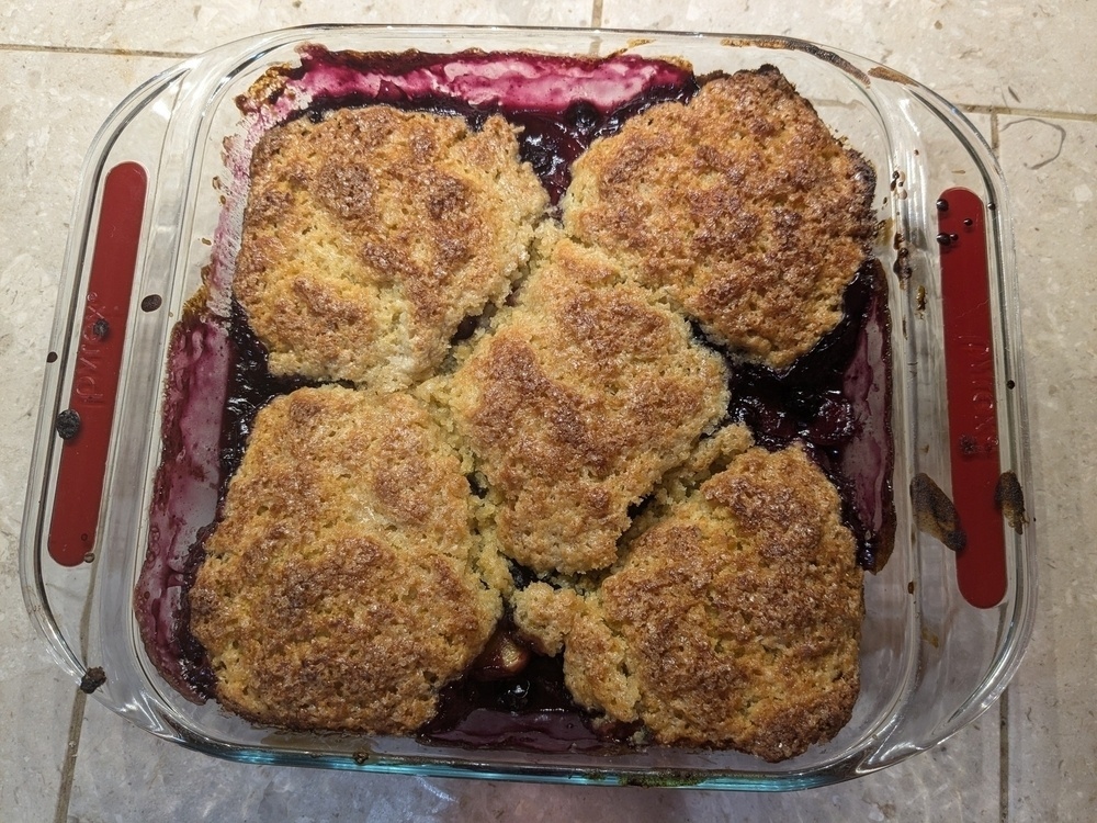 golden topped blueberry nectarine cobbler in a square pyrex