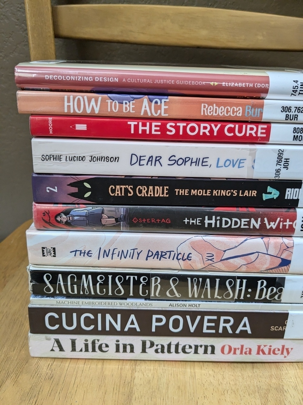 stack of library books including some art books and mostly comics