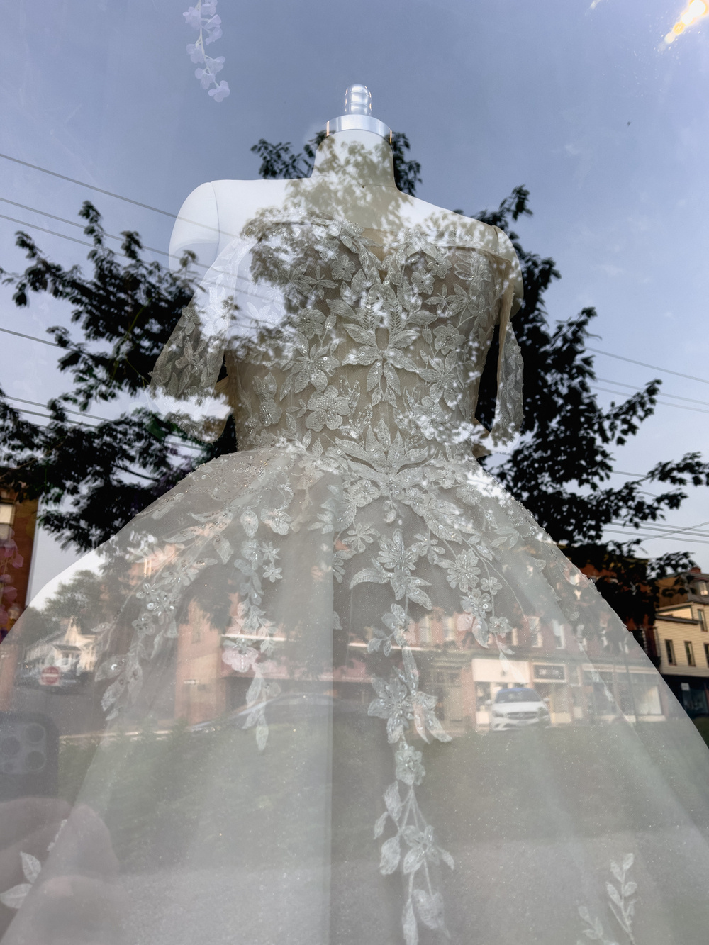 Mannequin with wedding dress. Reflection of tree and street overlaid.  