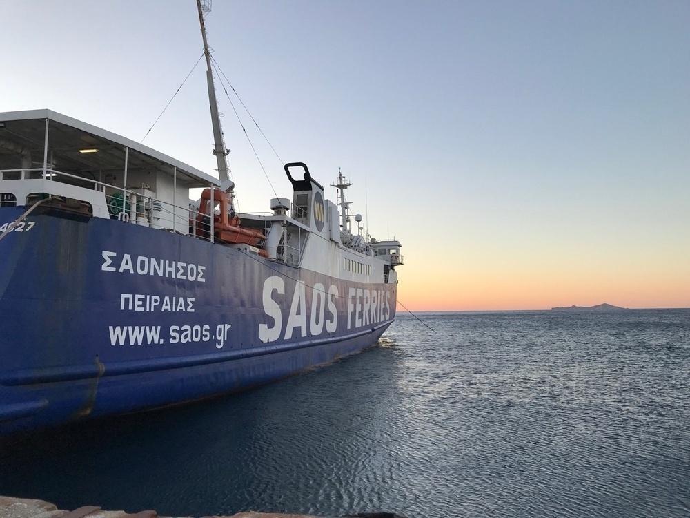 A Greek ferry at sunrise. The boat belongs to Saos Ferries.