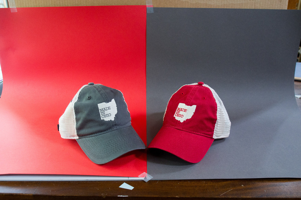 Red hat and gray hat that say Made in Ohio - Olympus E-M5