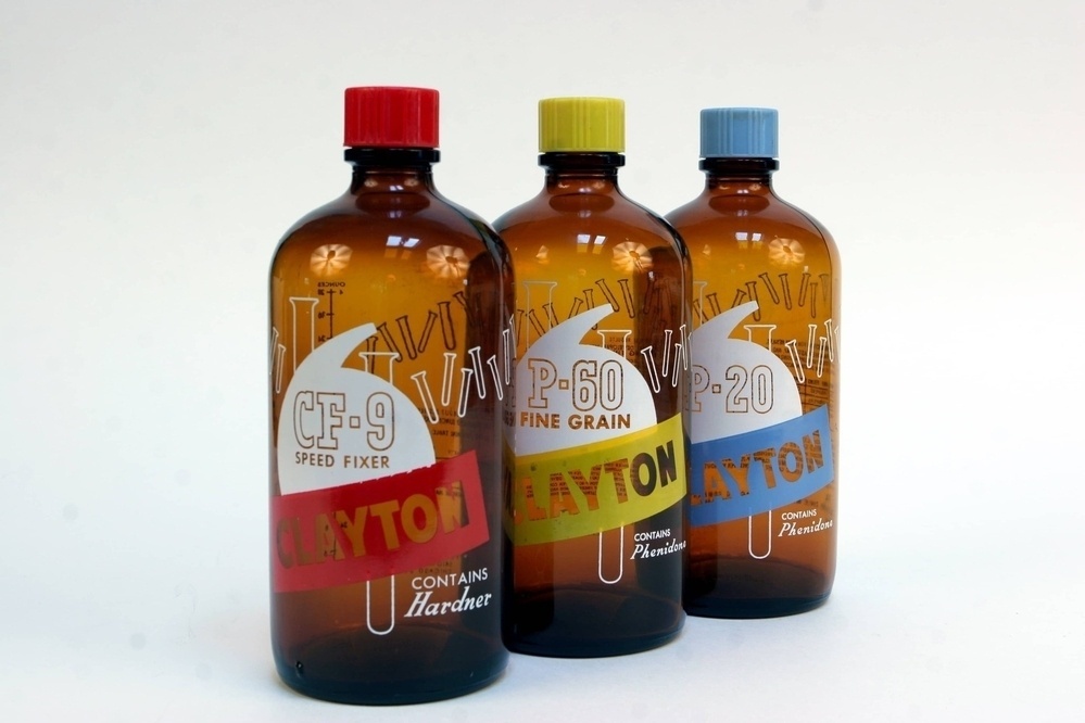 Clayton photo developing chemicals in amber bottles with red, yellow and blue designs - Canon 20D