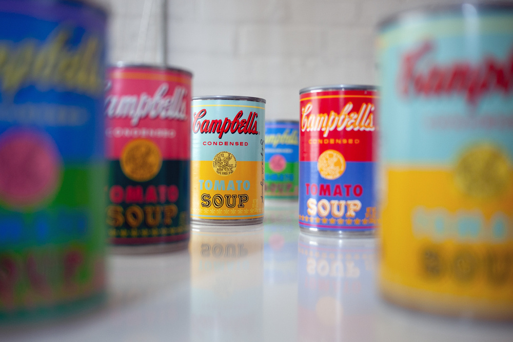 A colorful array of Campbell's Tomato Soup cans with colors inpsired by Andy Warhol's art - Lumix GF1