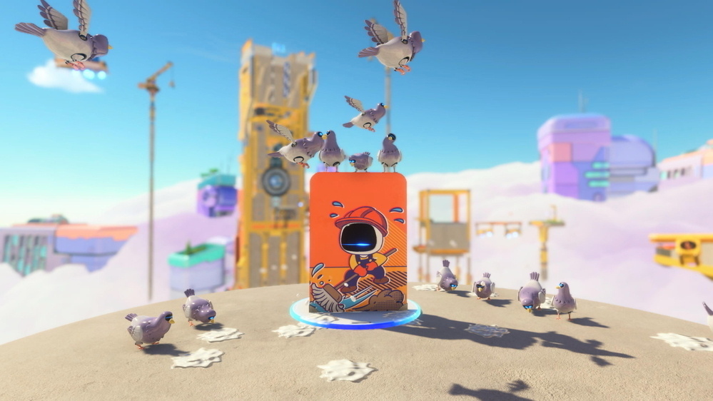 Animated scene from Astro Bot featuring a group of robot pigeons perched around and on top of a charging station with an illustration of the cleaning bot. The image has a whimsical futuristic urban backdrop, complete with colorful buildings, cranes, and floating platforms.