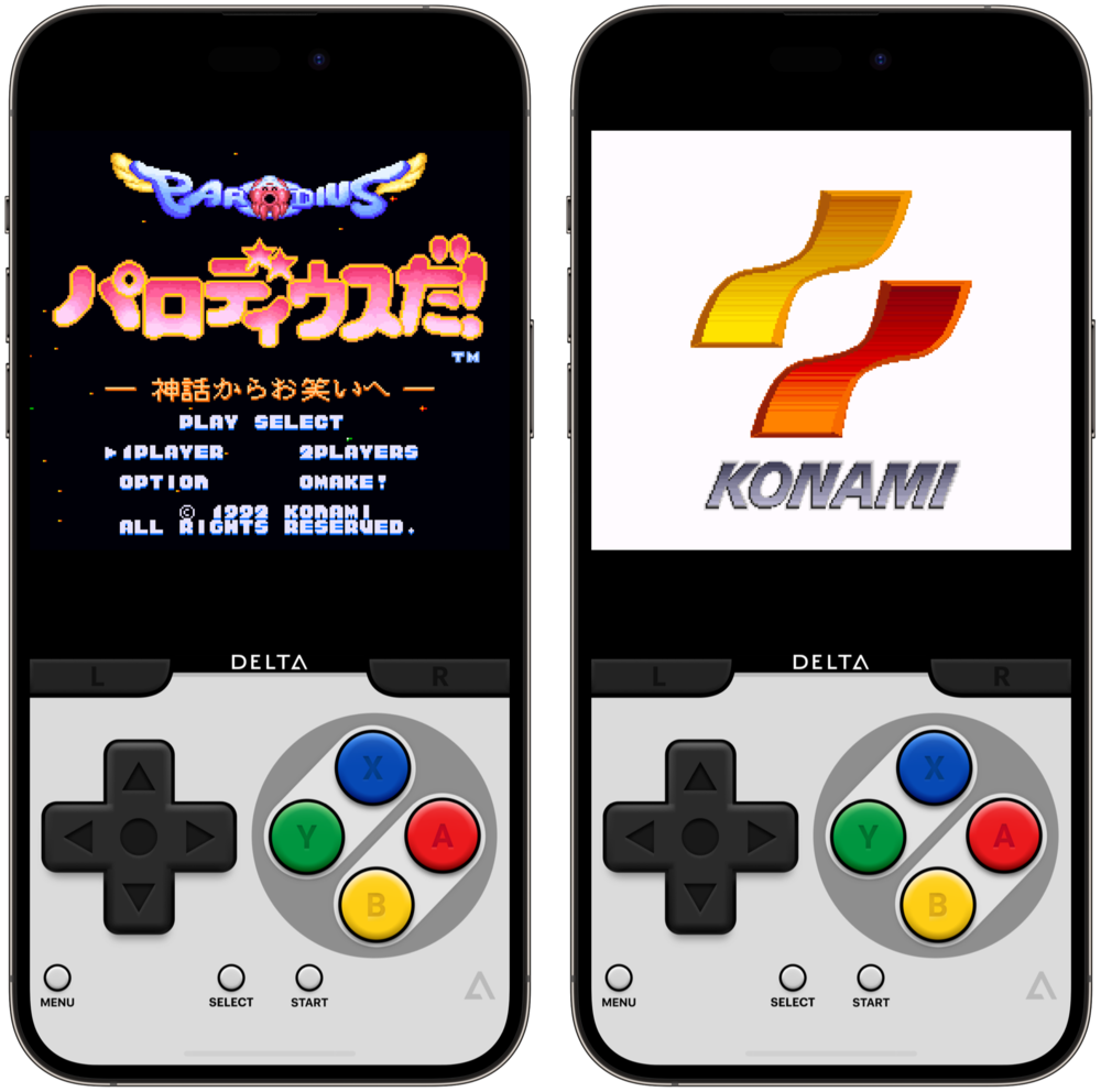 Two screenshots of game emulator Delta running on an iPhone playing a Super Nintendo game