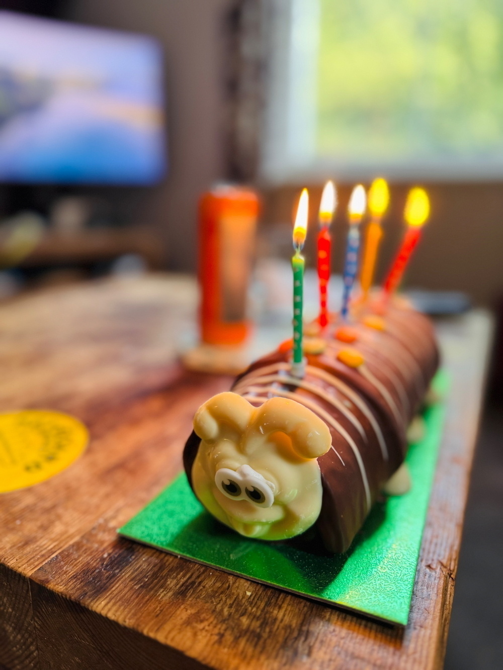 A caterpillar-shaped birthday cake with five lit candles of different colors on a wooden table. In the background, a blurred TV screen and window are visible, creating a cozy indoor setting.