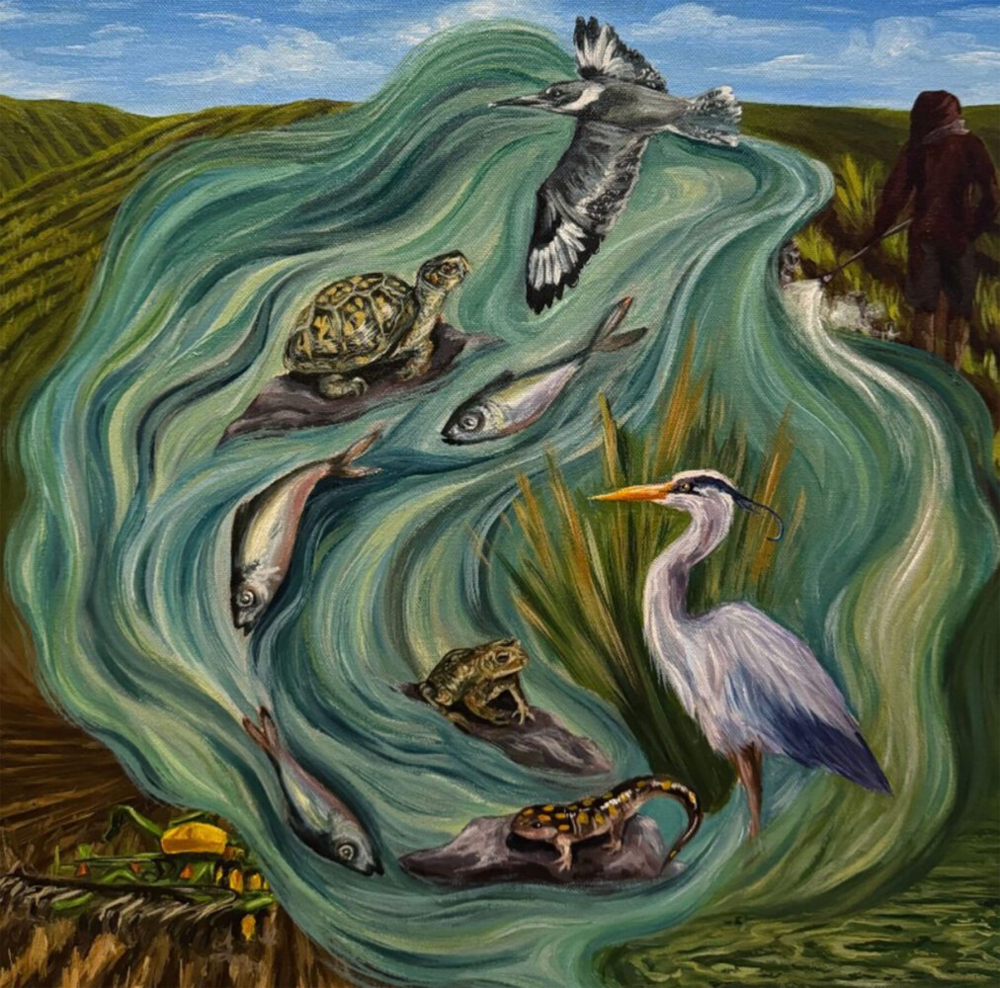 Painting of animals caught in runoff from industrial agriculture