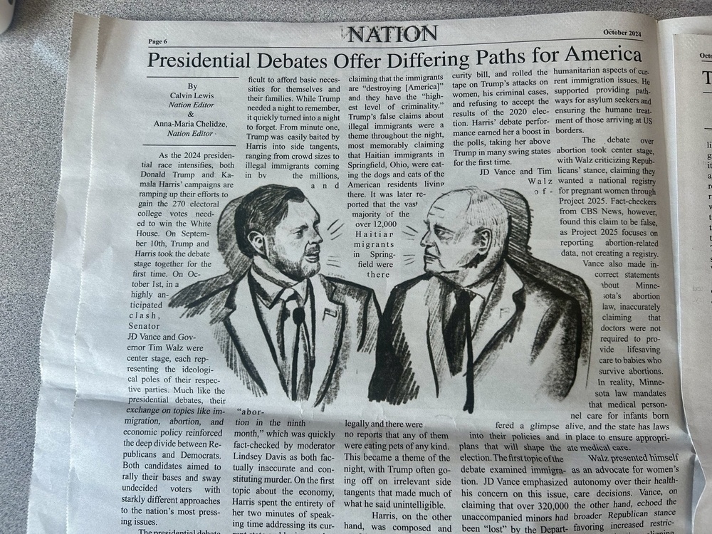 A school newspaper on the vice presidential debates includes a black and white sketch of Vance and Walz, shown in profile.