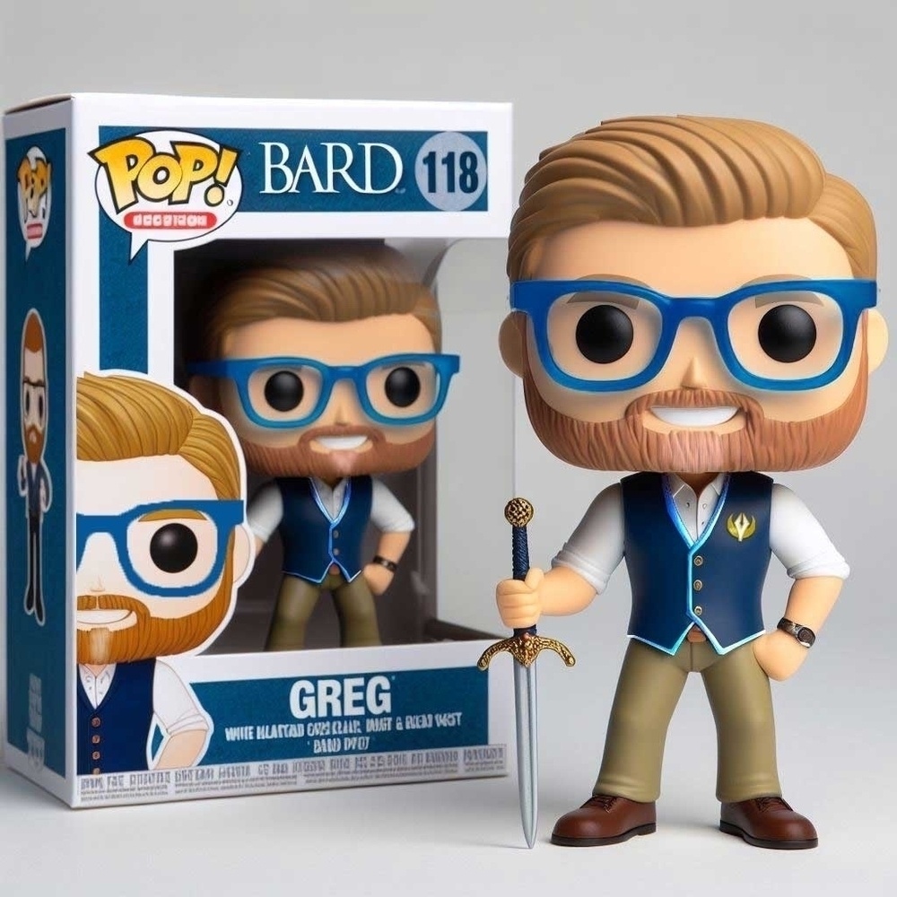 AI generated image of funko pop of male named Greg wearing white shirt and vest holding a sword