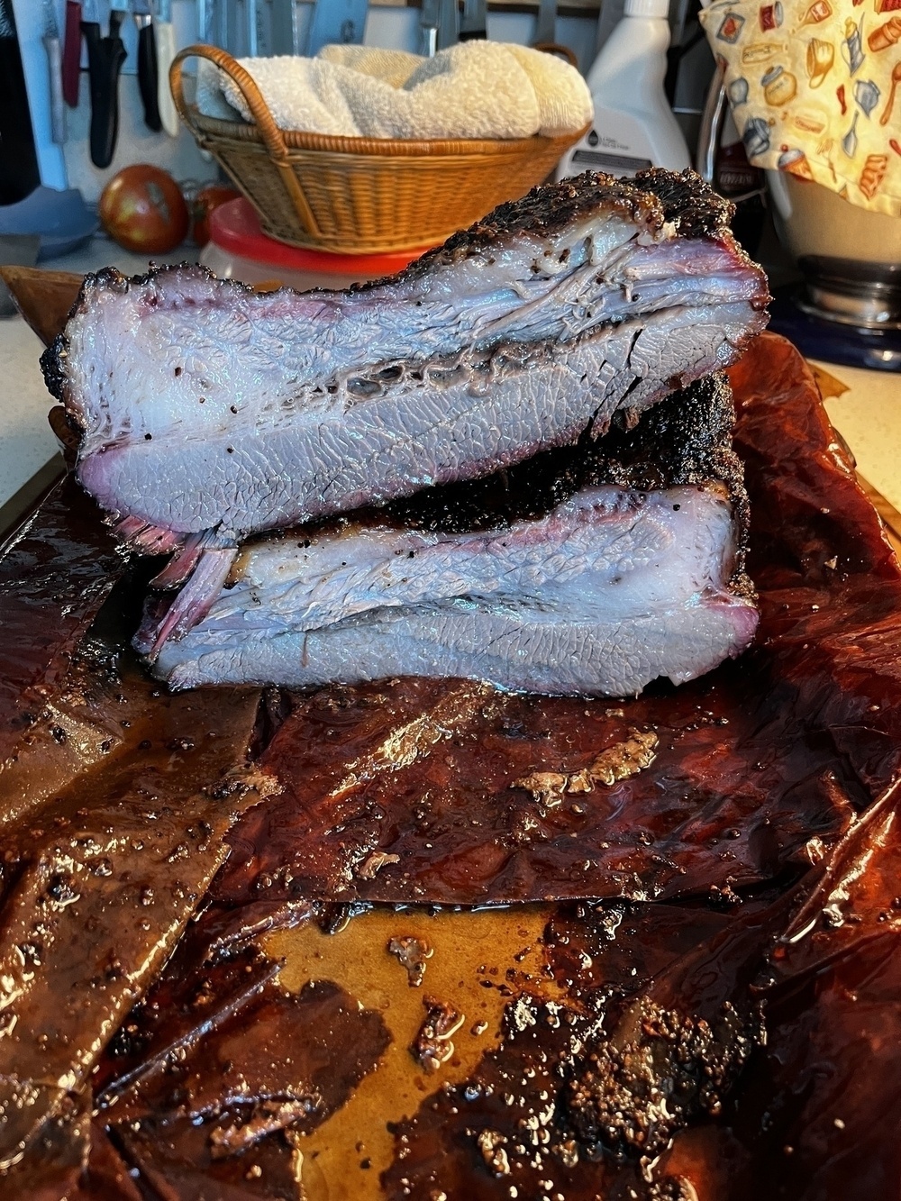 One beef brisket, freshly sliced open after cooking