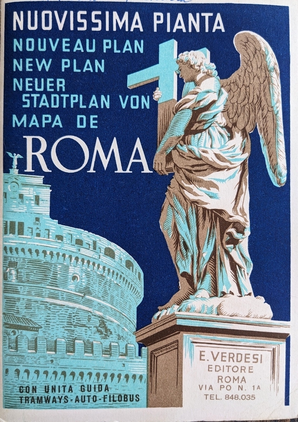 Cover of 1960s travel map of Rome; a blue, green, and white image of an angel