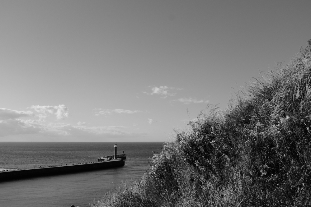 A lighthouse stands at the end of a pier extending into the ocean, with grassy cliffs in the foreground under a clear sky.