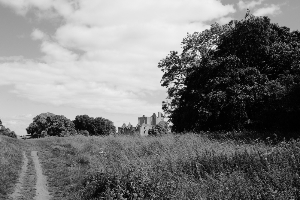 Craigmillar Castle at a distance in black and white, framed by trees and grass.